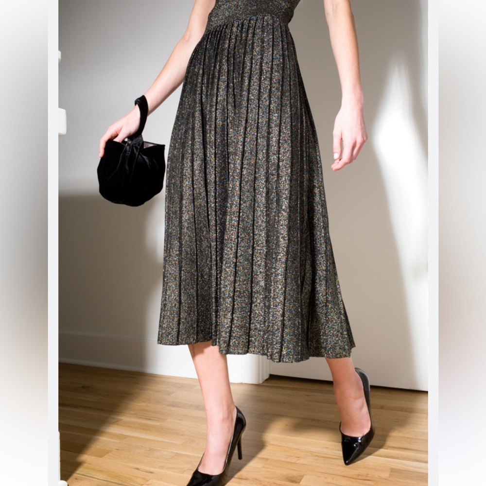 NWT A.L.C. Black Shimmer Nevada Lurex Pleated Midi Skirt Medium